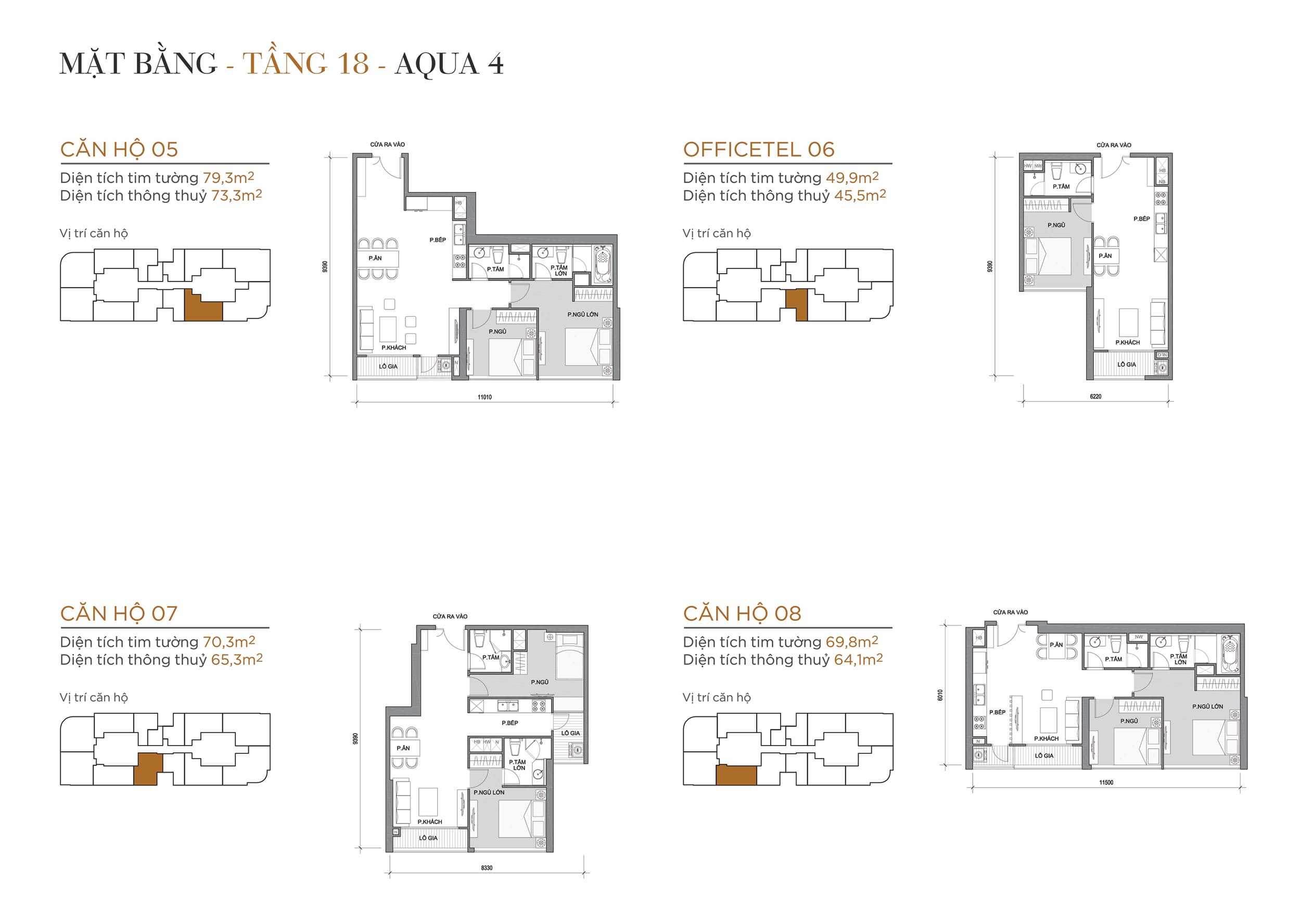 Layout thiết kế điển hình Tầng 18 Tòa Aqua 4 loại Căn hộ 05, Officetel 06, Căn hộ 07, Căn hộ 08.