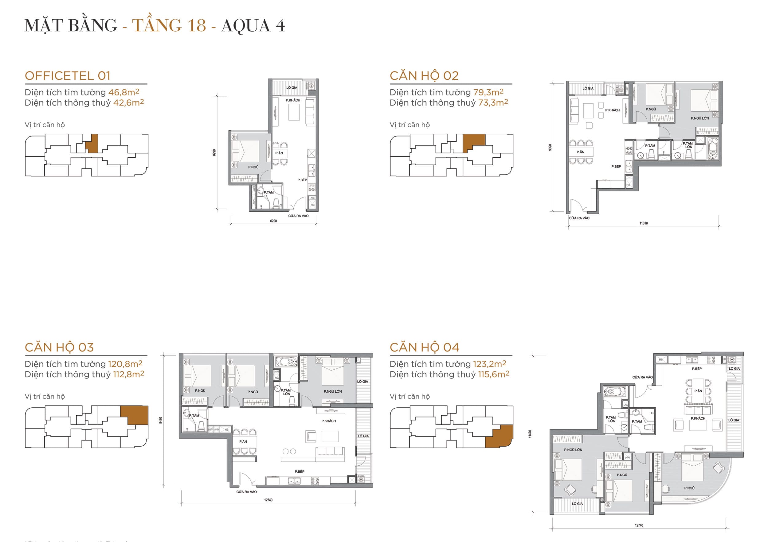 Layout thiết kế điển hình Tầng 18 Tòa Aqua 4 loại Officetel 01, Căn hộ 02, Căn hộ 03, Căn hộ 04.
