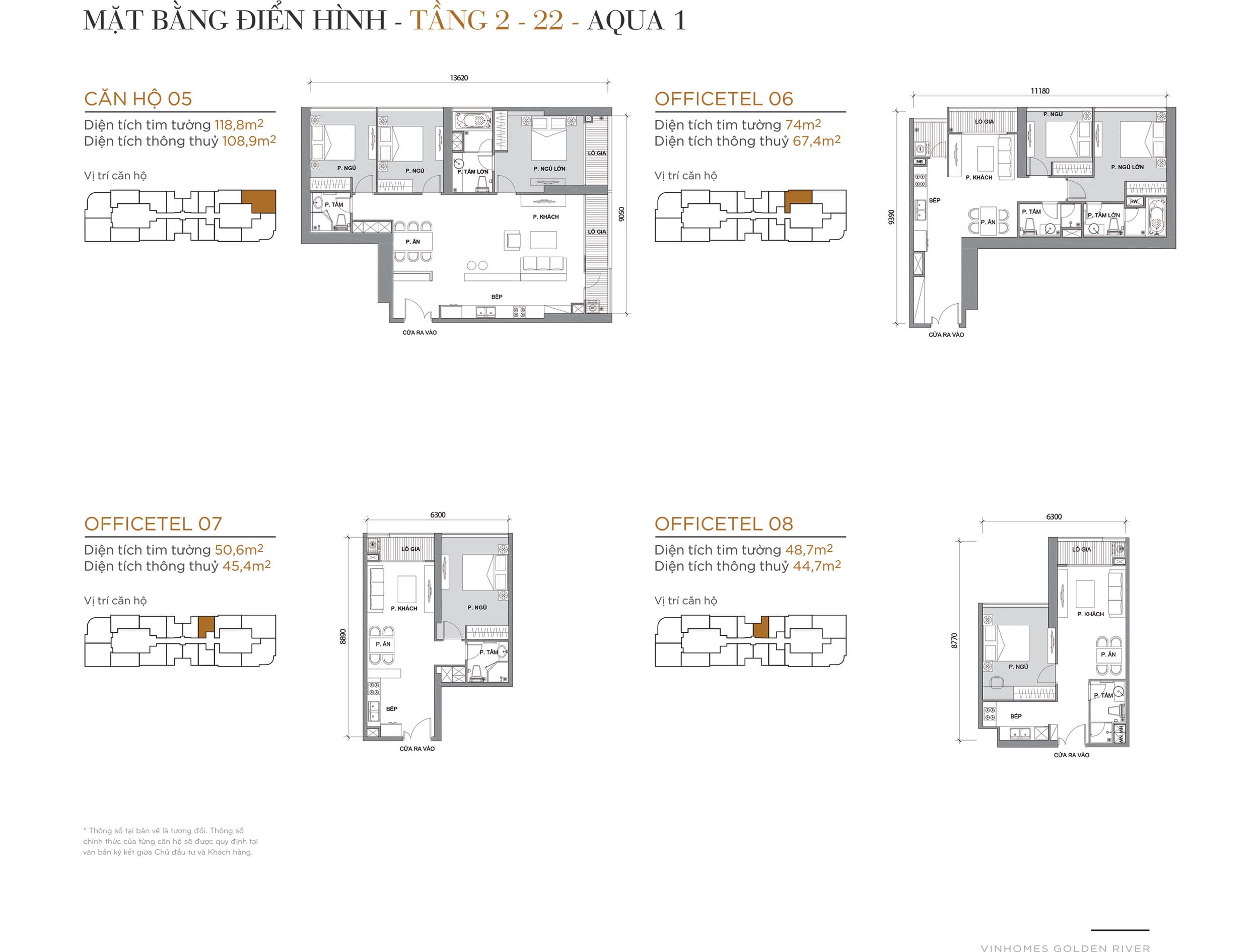 Layout thiết kế điển hình Tầng 2 đến Tầng 22 Tòa Aqua 1 loại căn hộ 05, Officetel 06, Officetel 07, Officetel 08.