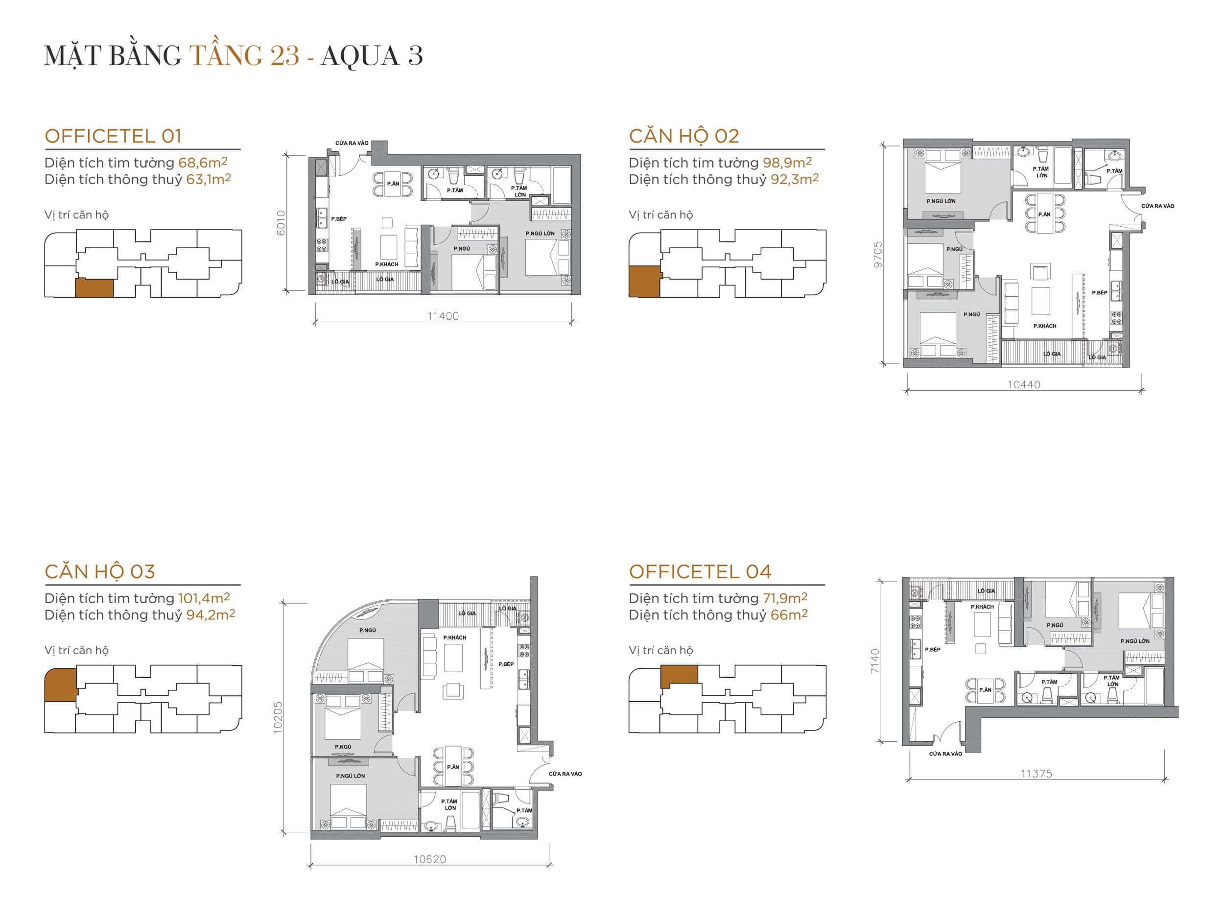 Layout thiết kế điển hình Tầng 23 Tòa Aqua 3 loại Officetel 01, Căn hộ 02, Căn hộ 03, Officetel 04.