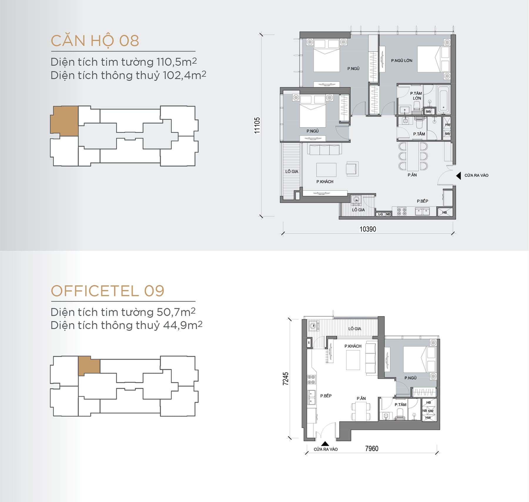 Layout thiết kế điển hình Tầng 23 Tòa Lux 6 loại Căn hộ 08, Officetel 09.