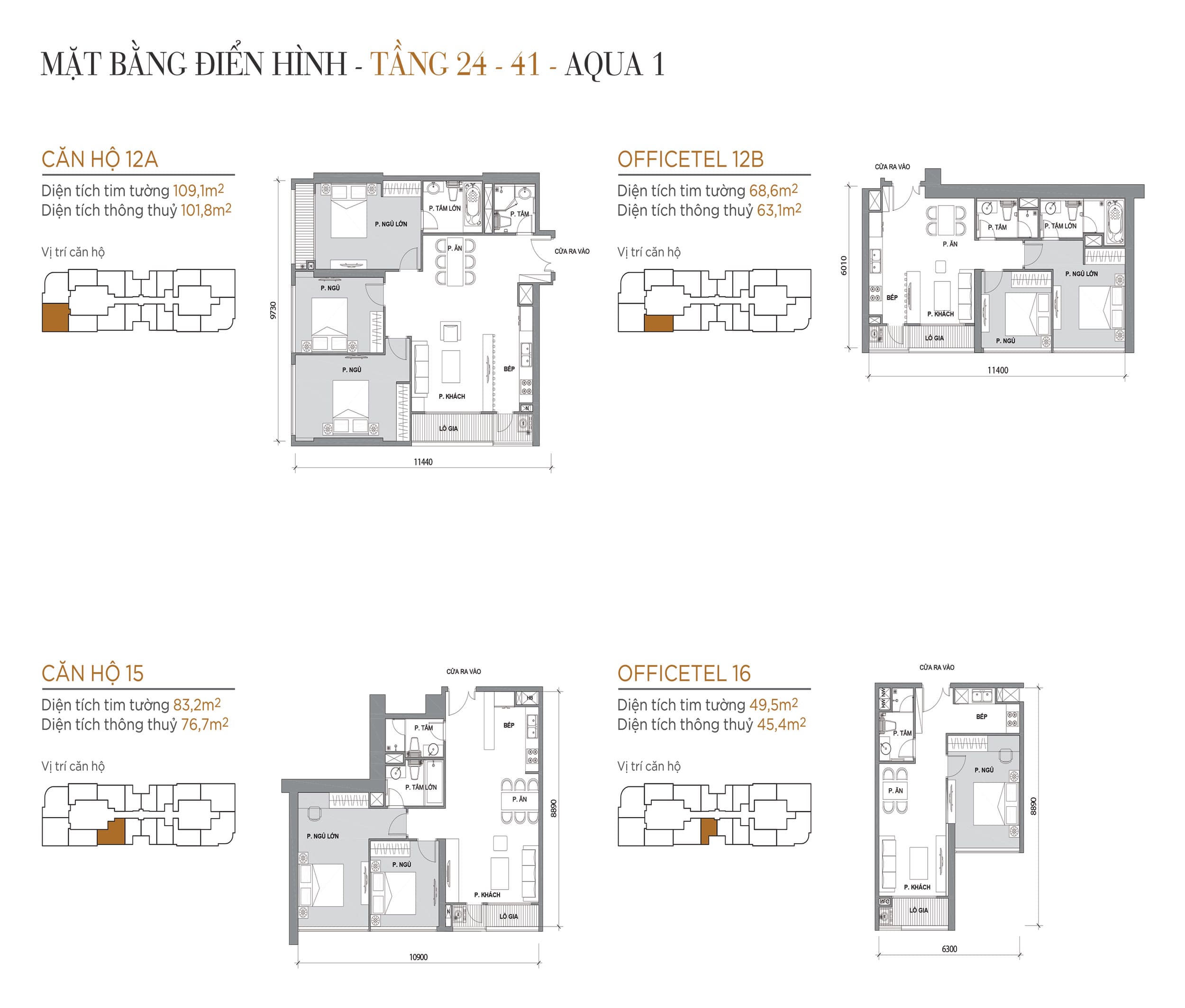 Layout thiết kế điển hình Tầng 24 đến Tầng 41 Tòa Aqua 1 loại Căn hộ 12A, Officetel 12B, Căn hộ 15, Officetel 16.