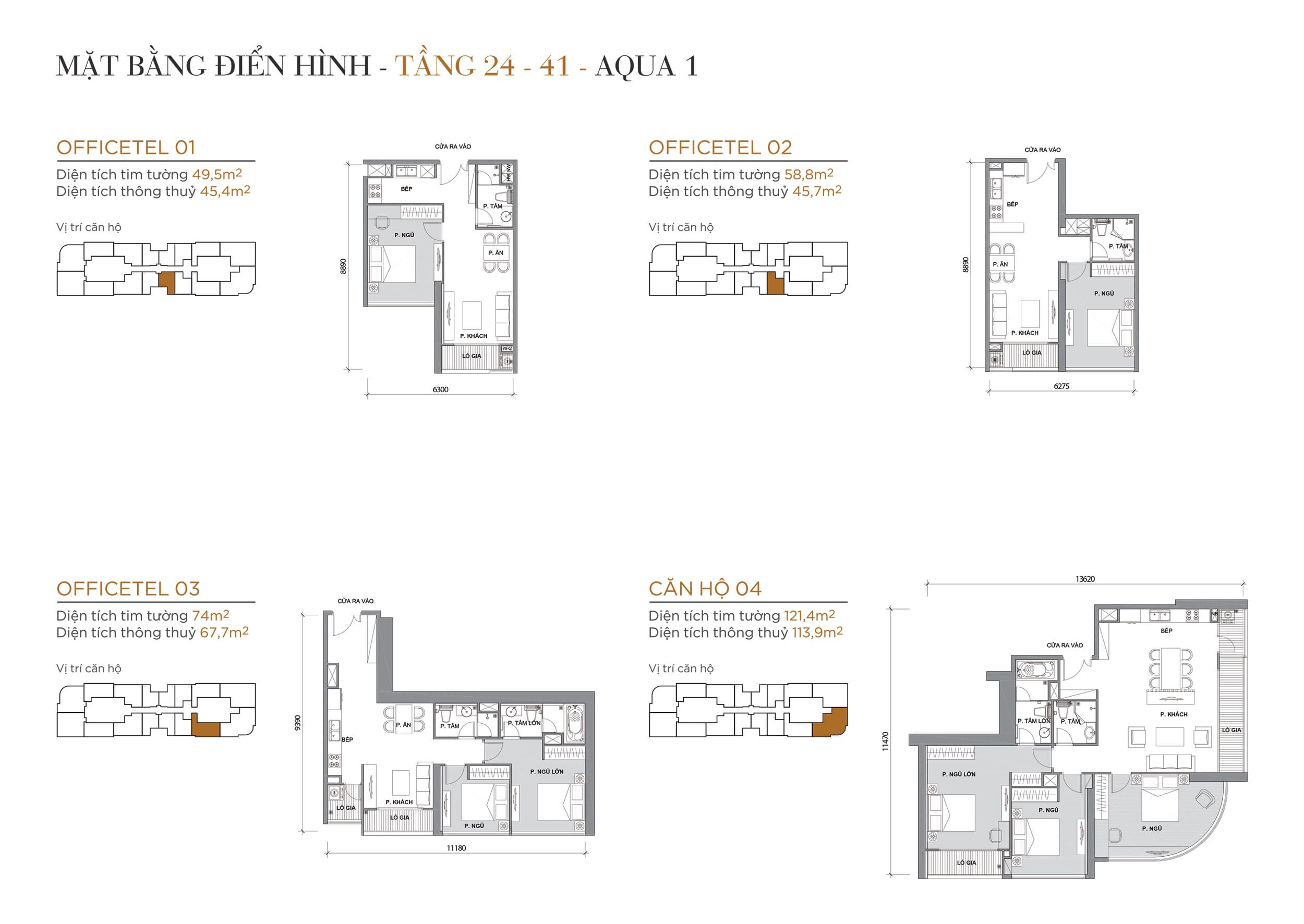 Layout thiết kế điển hình Tầng 24 đến Tầng 41 Tòa Aqua 1 loại Officetel 01, Officetel 02, Officetel 03, Căn hộ 04.
