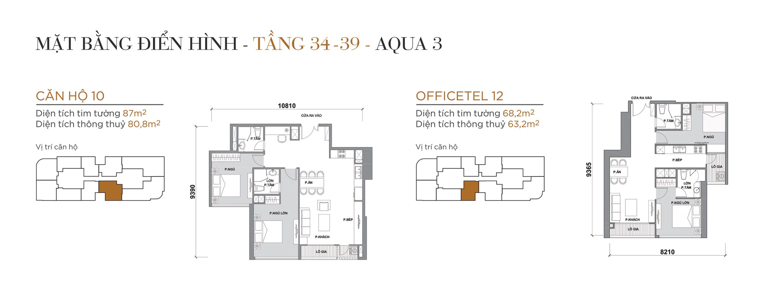 Layout thiết kế điển hình Tầng 34 đến Tầng 39 Tòa Aqua 3 loại Căn hộ 10, Officetel 12.