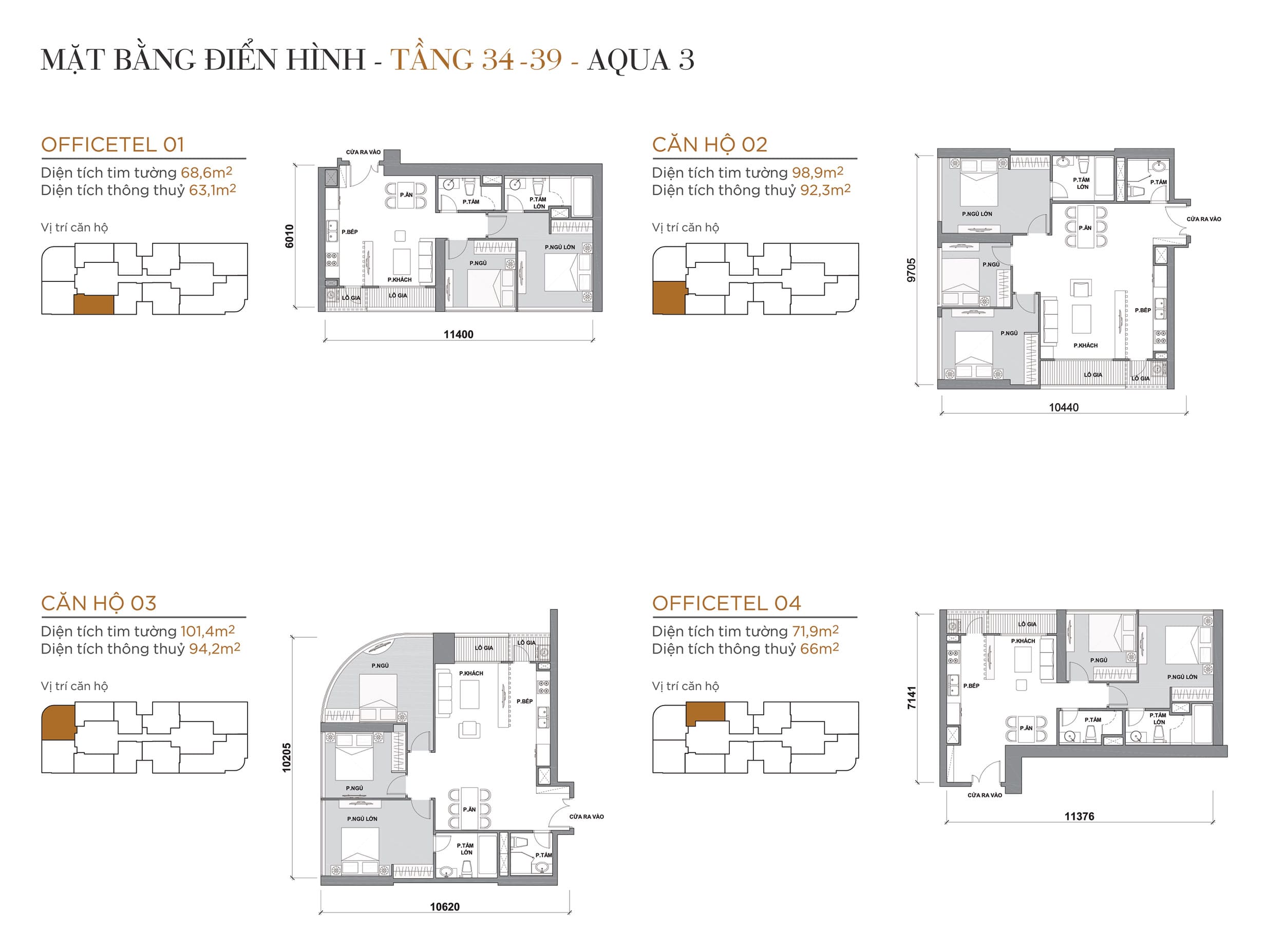 Layout thiết kế điển hình Tầng 34 đến Tầng 39 Tòa Aqua 3 loại Officetel 01, Căn hộ 02, Căn hộ 03, Officetel 04.