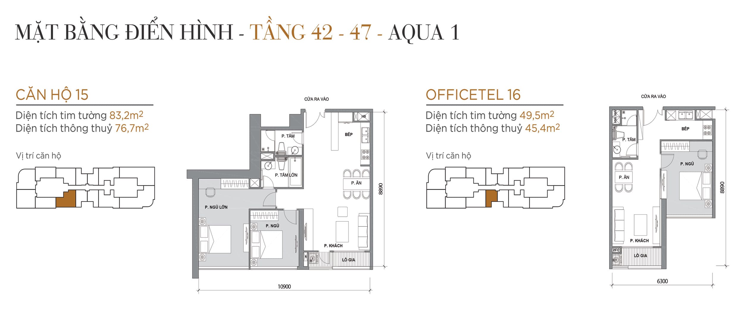 Layout thiết kế điển hình Tầng 42 đến Tầng 47 Tòa Aqua 1 loại Căn hộ 15, Officetel 16.