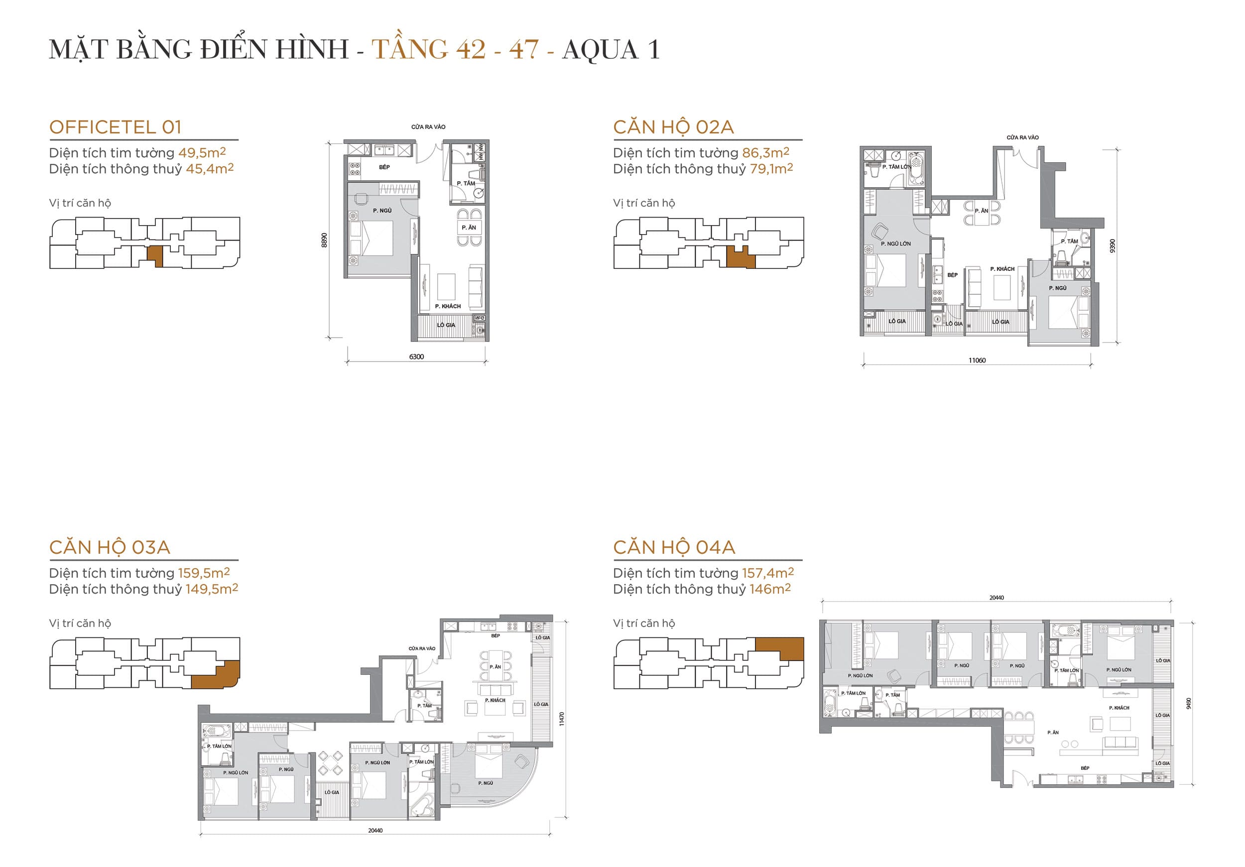 Layout thiết kế điển hình Tầng 42 đến Tầng 47 Tòa Aqua 1 loại Officetel 01, Căn hộ 02A, Căn hộ 03A, Căn hộ 04A.