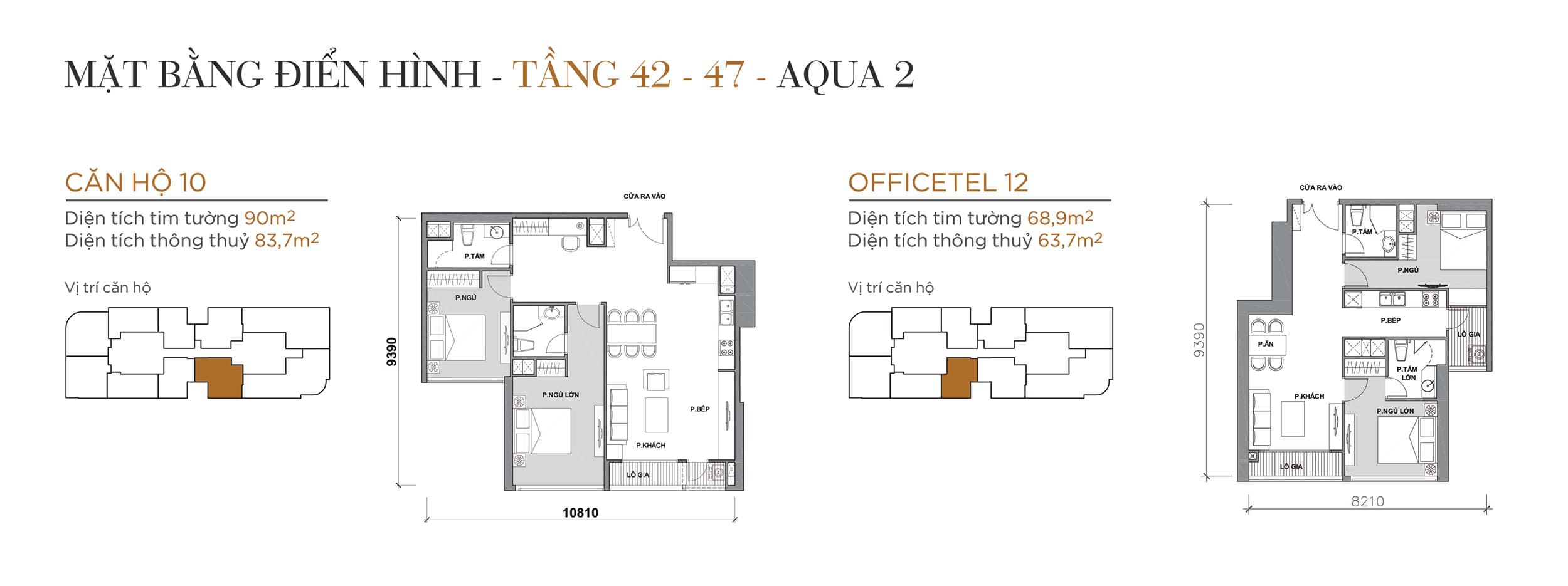 Layout thiết kế điển hình Tầng 42 đến Tầng 47 Tòa Aqua 2 loại Căn hộ 10, Officetel 12.