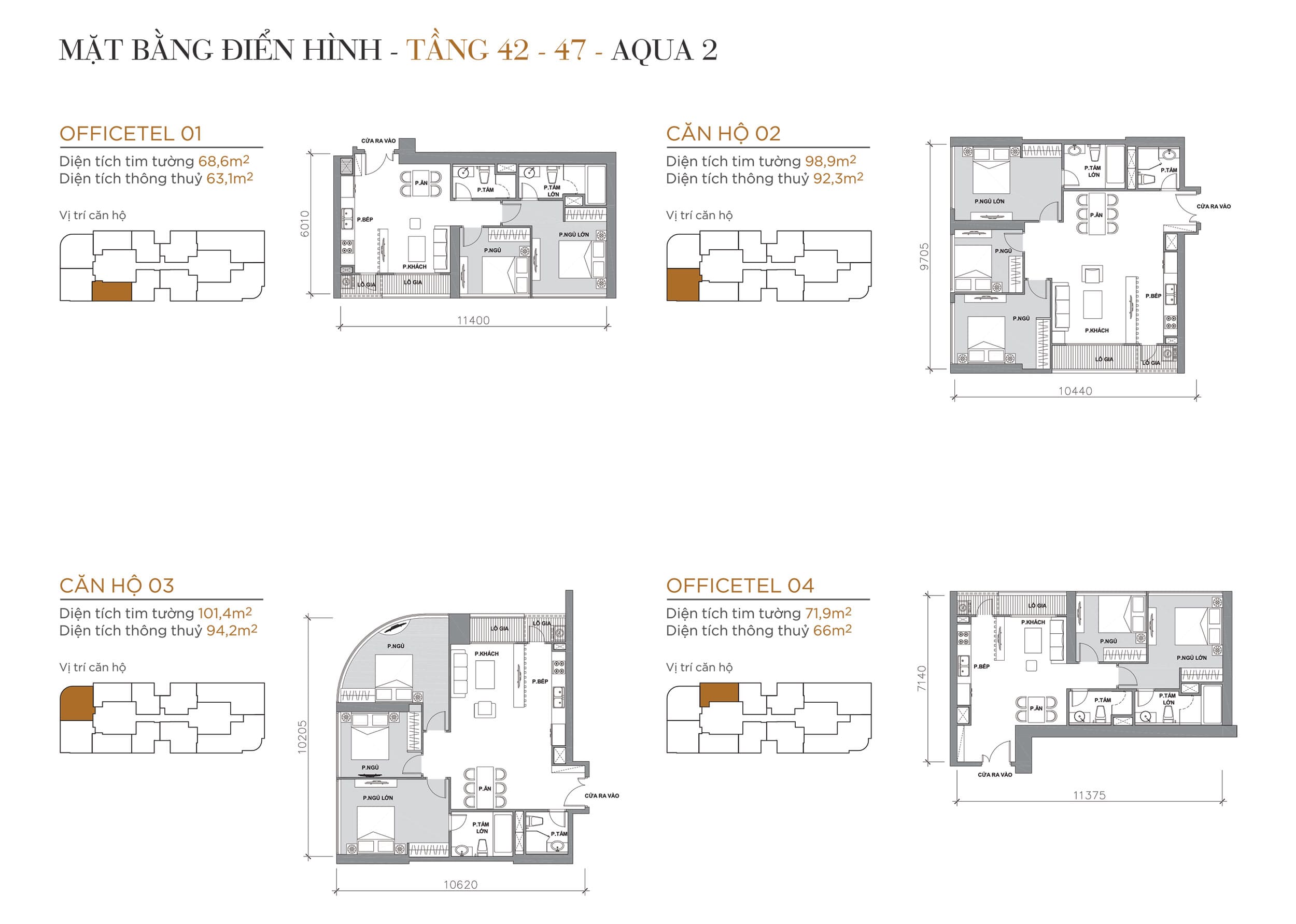 Layout thiết kế điển hình Tầng 42 đến Tầng 47 Tòa Aqua 2 loại Officetel 01, Căn hộ 02, Căn hộ 03, Officetel 04.
