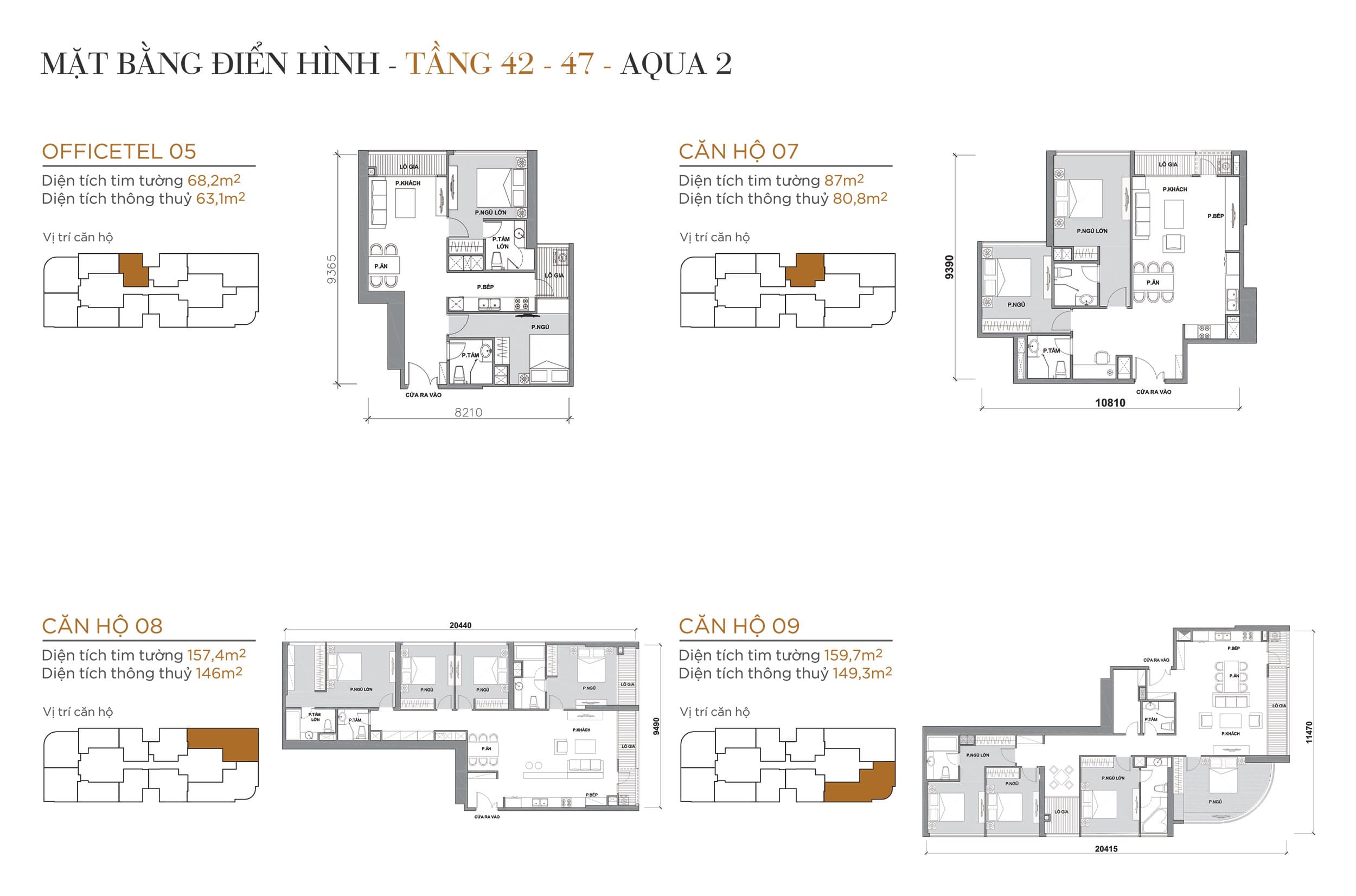 Layout thiết kế điển hình Tầng 42 đến Tầng 47 Tòa Aqua 2 loại Officetel 05, Căn hộ 07, Căn hộ 08, Căn hộ 09.