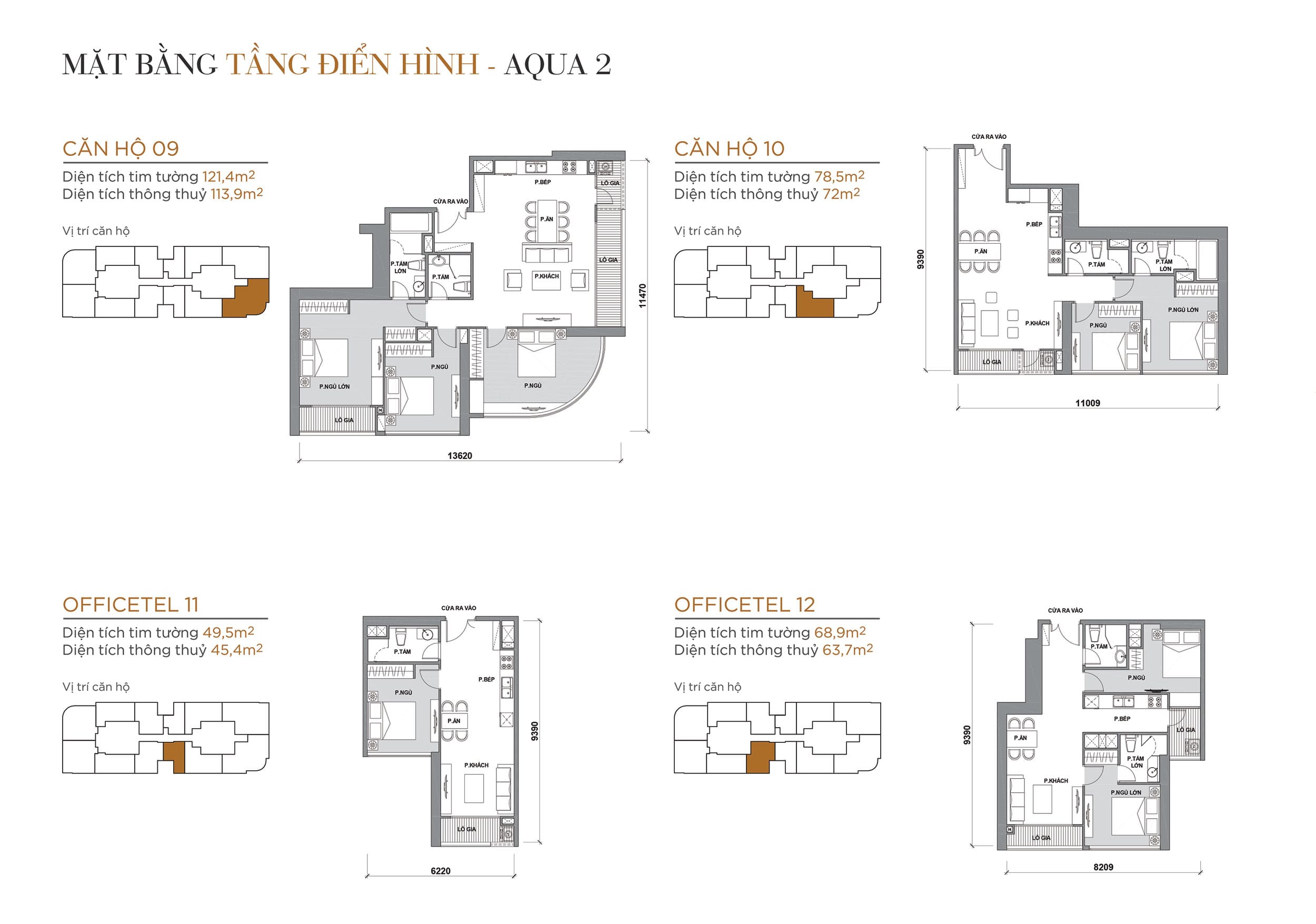 Layout thiết kế tầng điển hình Tòa Aqua 2 loại Căn hộ 09, Căn hộ 10, Officetel 11, Officetel 12.