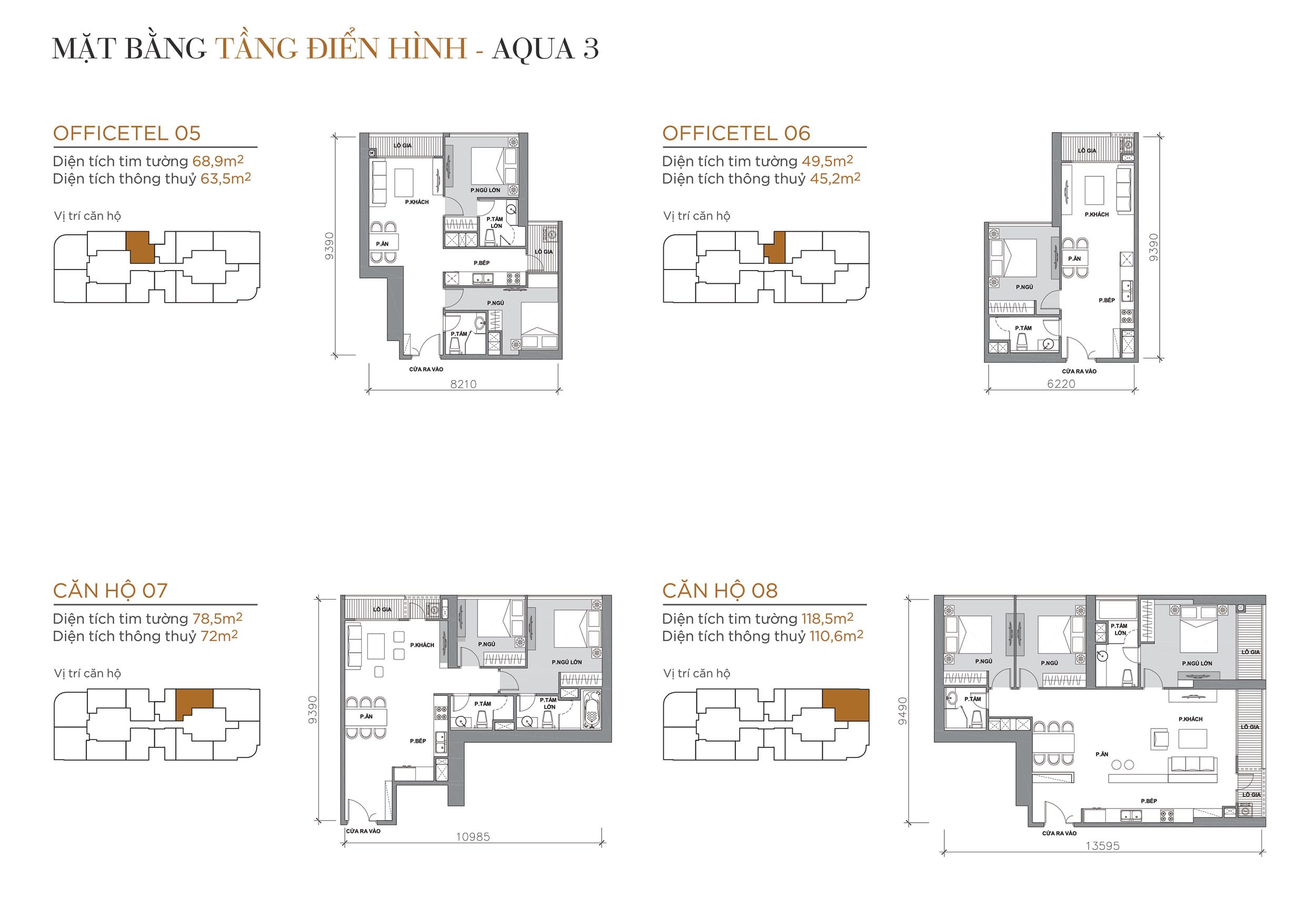 Layout thiết kế tầng điển hình Tòa Aqua 3 loại Officetel 05, Officetel 06, Căn hộ 07, Căn hộ 08.