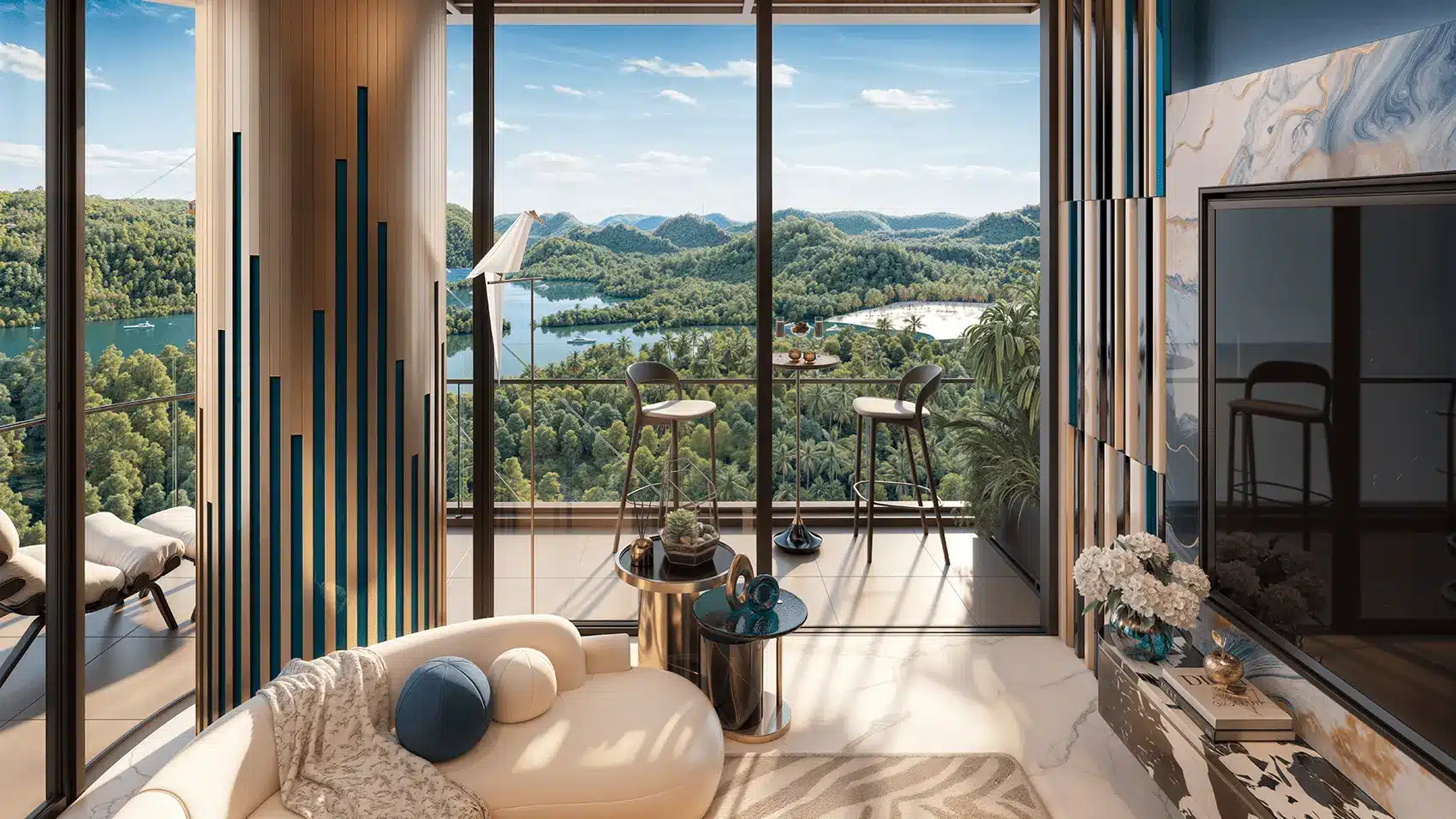 Căn hộ Xanh Island Cát Bà với tầm nhìn tuyệt đẹp ra núi rừng và đại dương, mang lại cảm giác hòa mình vào thiên nhiên.