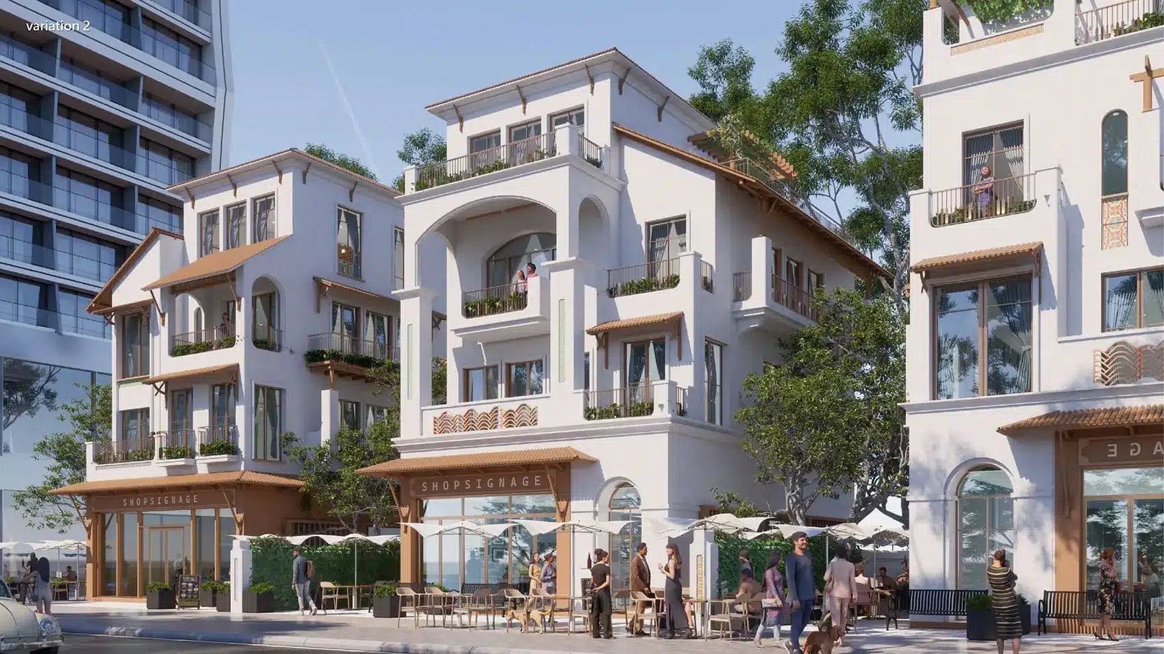 Khu phố Blanca City với kiến trúc Đông – Tây kết hợp, tạo nên một không gian sống hiện đại và sang trọng.