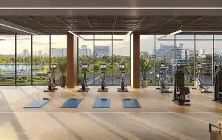 Phòng tập gym sang trọng tại The Matrix One Premium với trang thiết bị hiện đại và khung cảnh xanh mát.