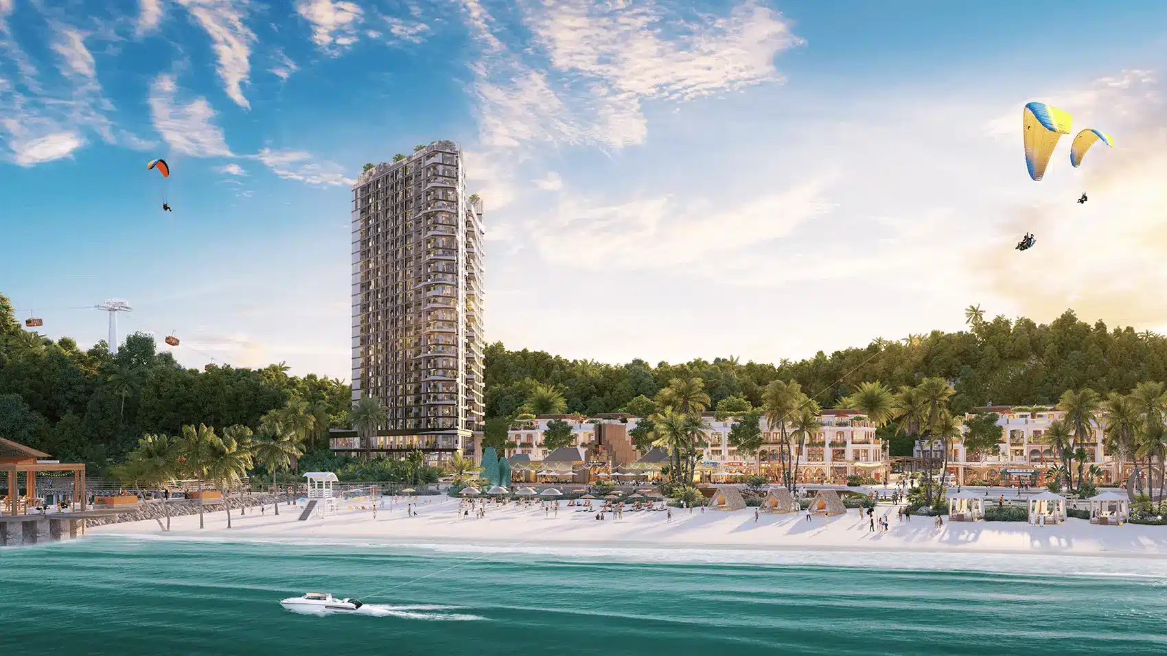 Quang cảnh tuyệt đẹp của Xanh Island Cát Bà với bãi biển nhân tạo và khu căn hộ cao cấp.
